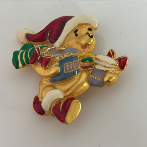 Disney Christmas Winnie the Pooh Bear Enamel Gold Tone Pin Brooch Holidays 2inch - Picture 6 of 7